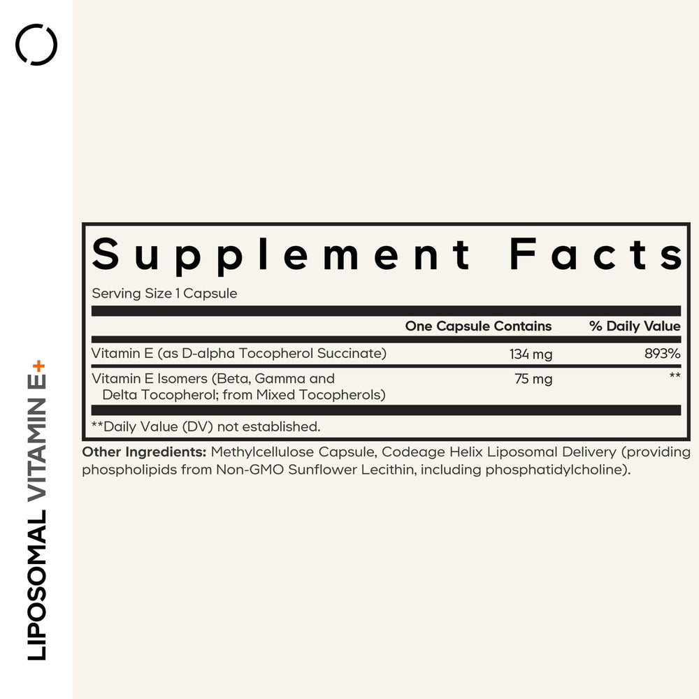 Codeage Liposomal Vitamin E bottle back view with dosage information