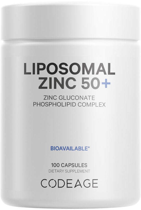 Codeage Liposomal Zinc bottle front promotes vegan daily mineral support.