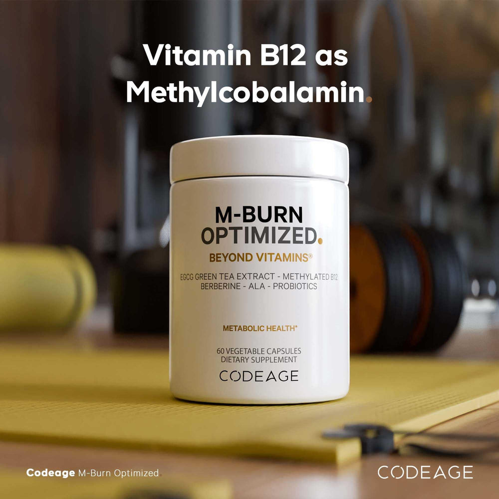Codeage M-Burn vegan-friendly packaging signals dairy-free and soy-free features.