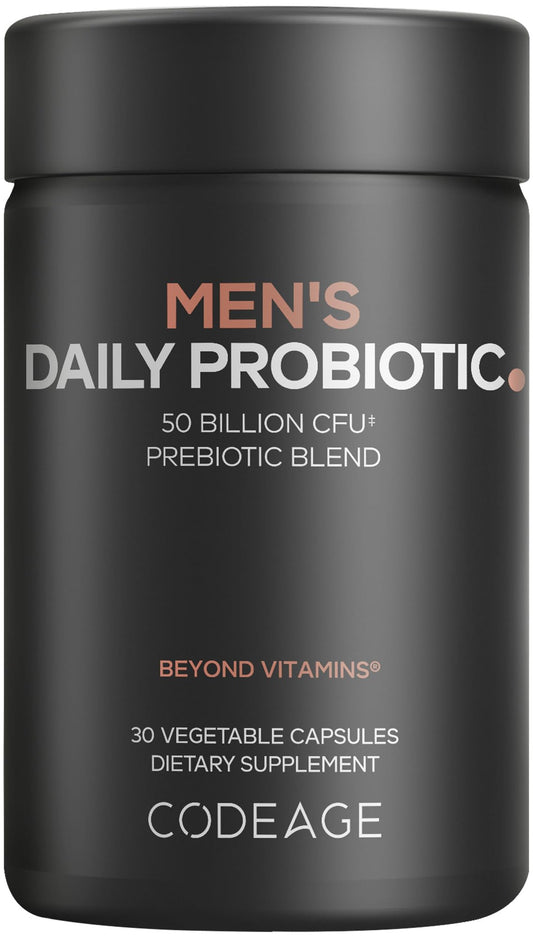 Codeage Men's Daily Probiotic bottle shows 50 billion CFU for daily gut support.