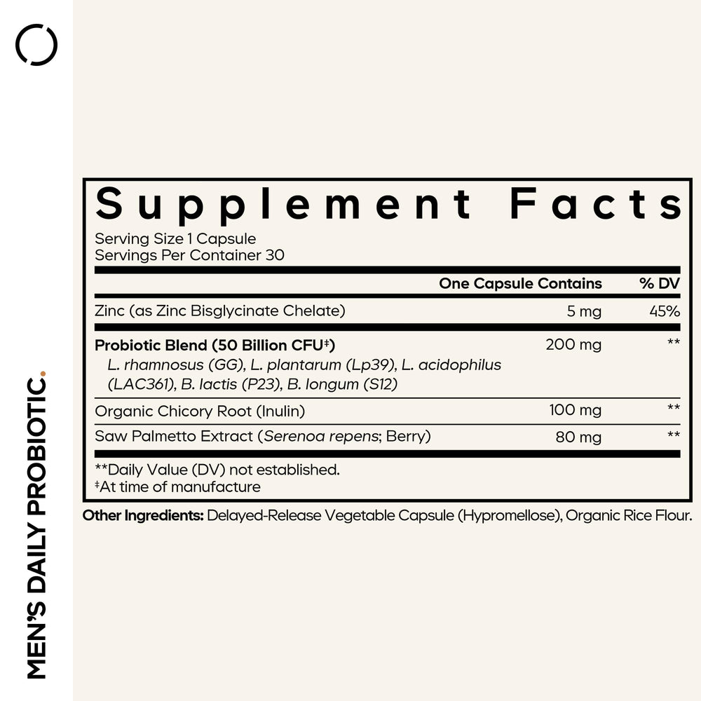 Codeage probiotic zinc bottle label highlights men's wellness ingredients.
