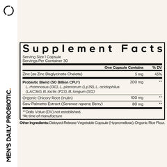 Codeage probiotic zinc bottle label highlights men's wellness ingredients.