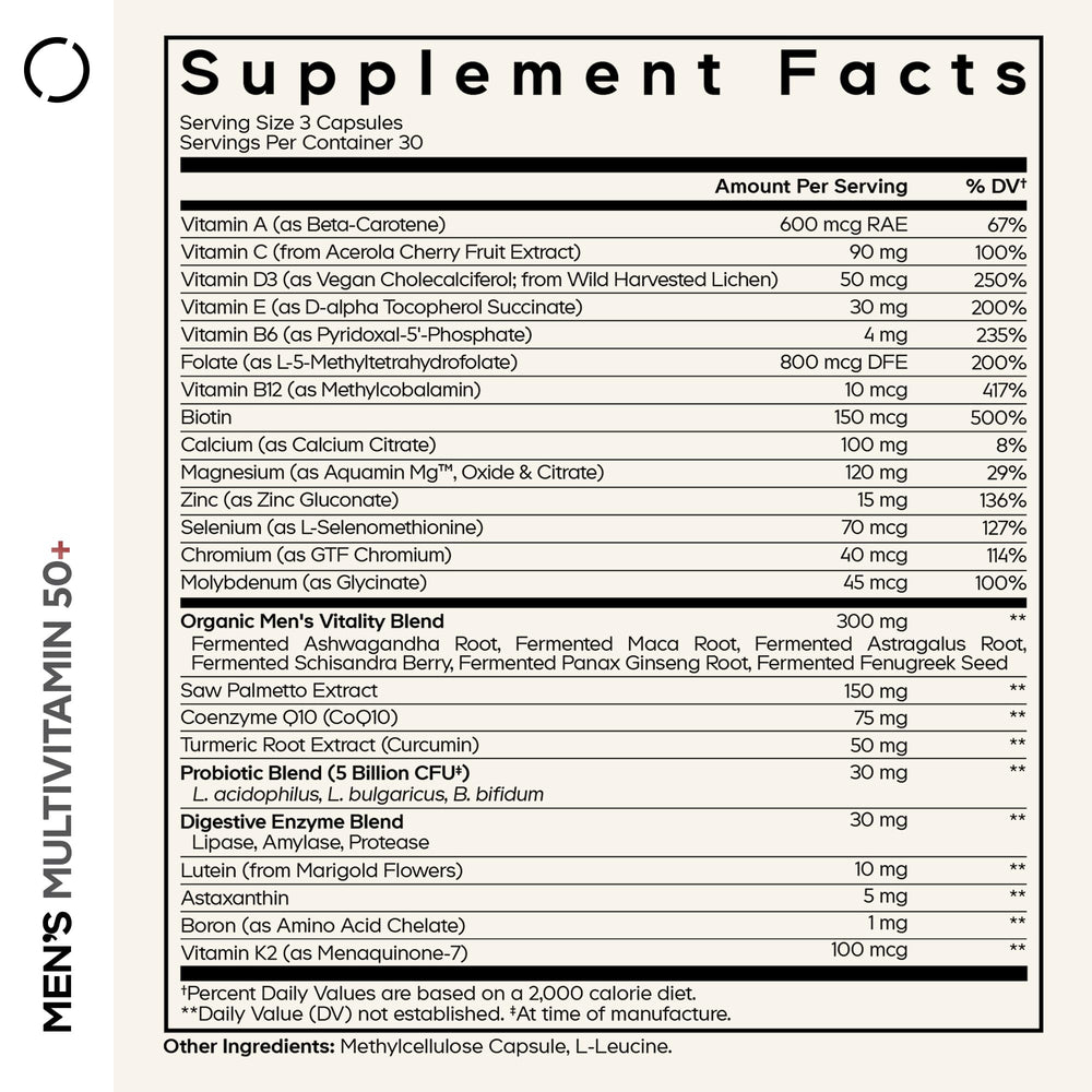 Codeage Men's Multivitamin 50+ label highlights key vitamins and minerals