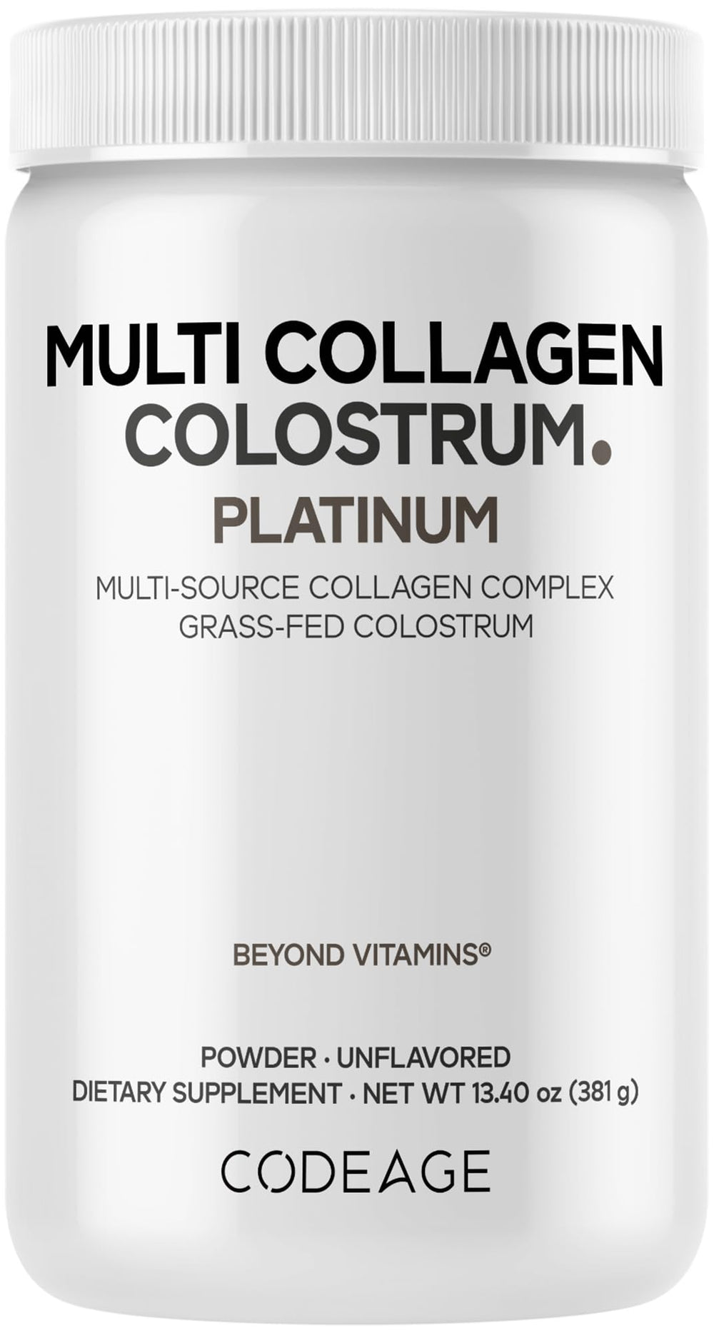Codeage Multi Collagen Colostrum Platinum powder tub, premium blend for daily vitality.