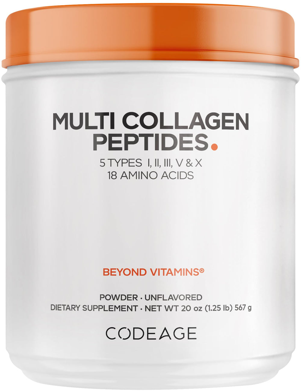 Codeage Multi Collagen Powder bottle in unflavored formula for easy daily use.