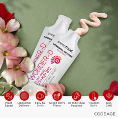 Codeage nanofood liposomal delivery sachet indicates enhanced absorption and plant-based nutrients.