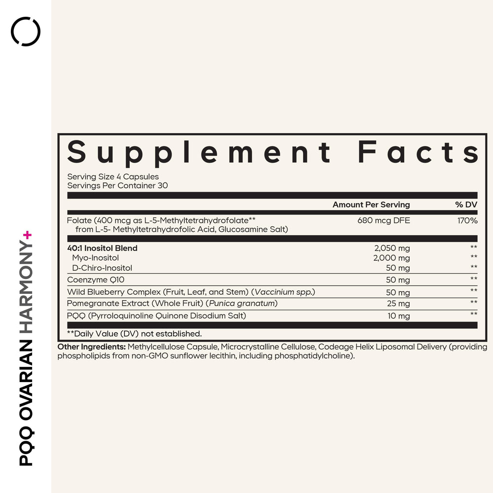 Codeage PQQ Ovarian Harmony capsules closeup easy to swallow daily capsules