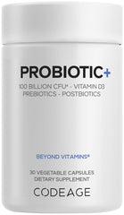 Codeage Probiotic+ bottle front shows 100B CFU for daily gut balance.