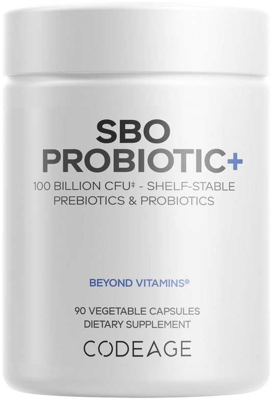 Codeage SBO Probiotic bottle front with 90 capsules offering potential daily gut-support