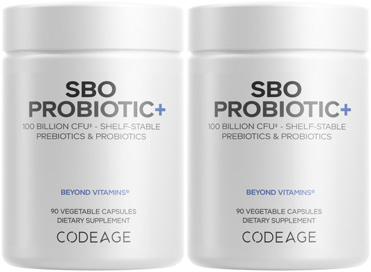 Codeage SBO Probiotics bottle front shows 100 billion CFUs per serving for daily support.
