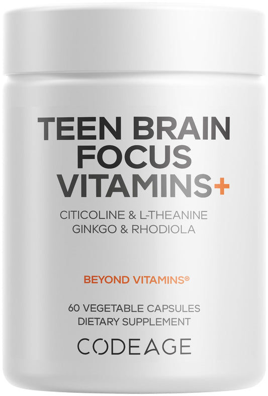 Codeage Teen Brain Focus bottle shows a two-month supply for teen daily use.