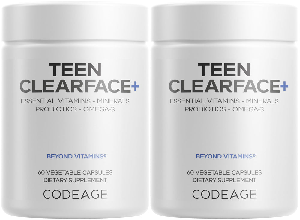 Codeage Teen Clearface bottle front, teen skin support imagery
