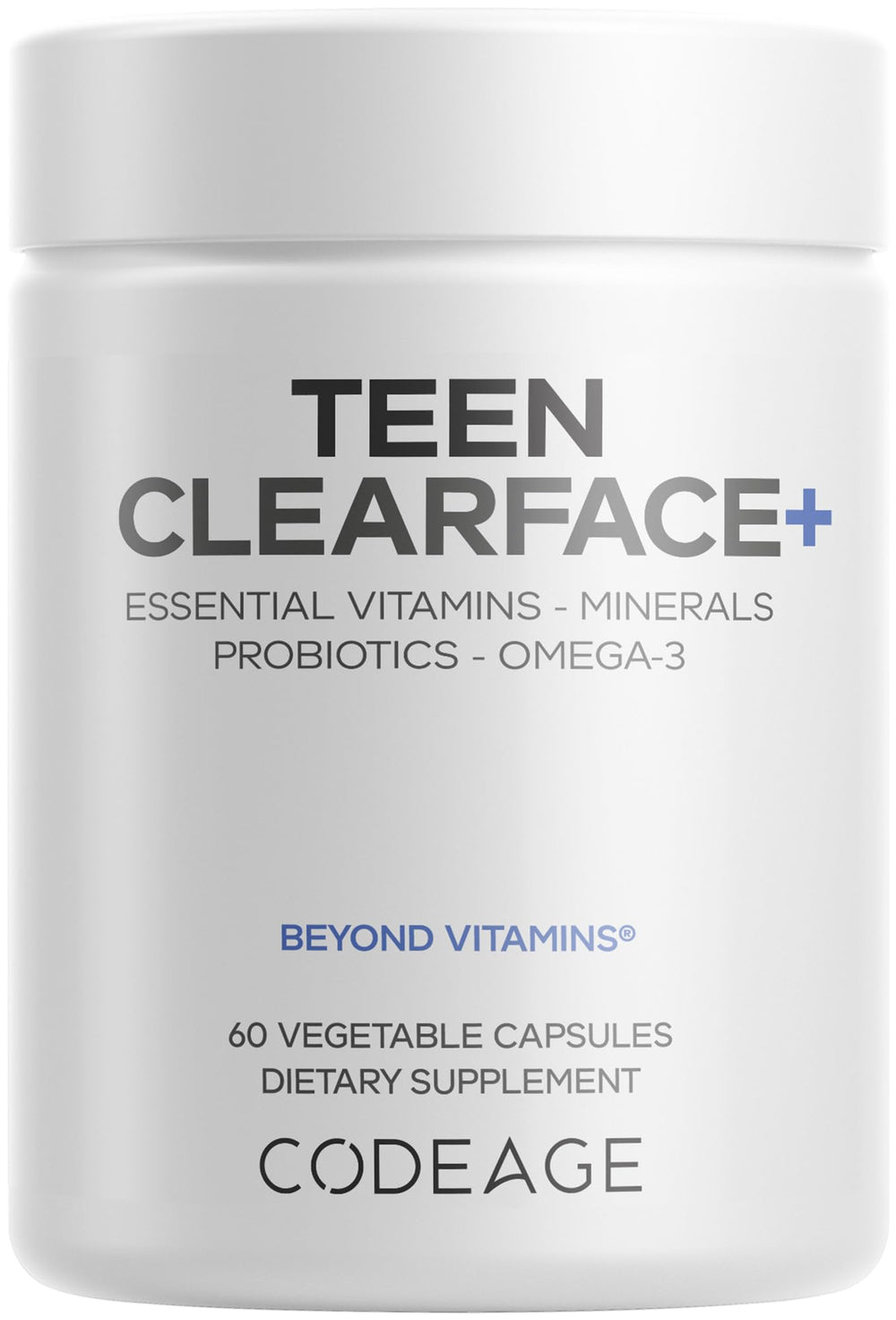 Codeage Teen Clearface bottle front view for teen skin support.