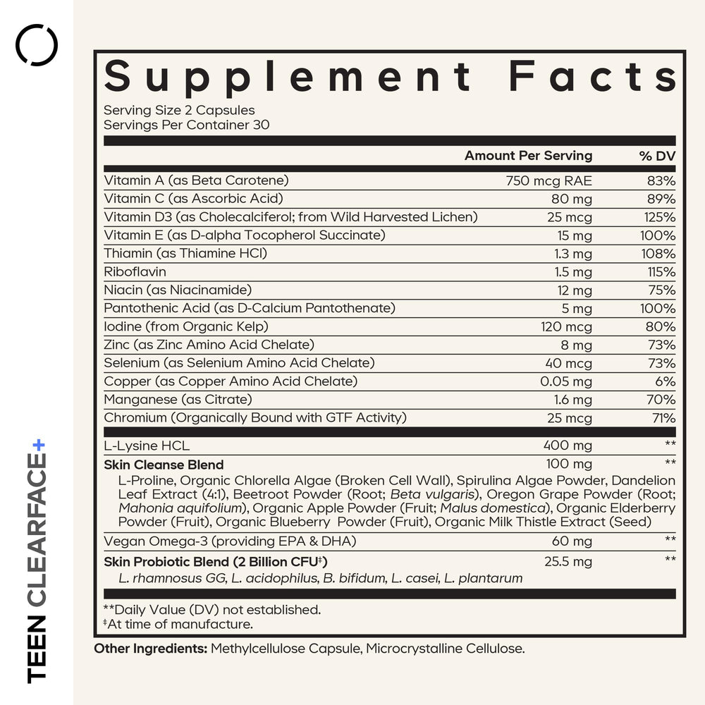 Close-up of Codeage Teen Clearface capsules highlighting vegan formula.