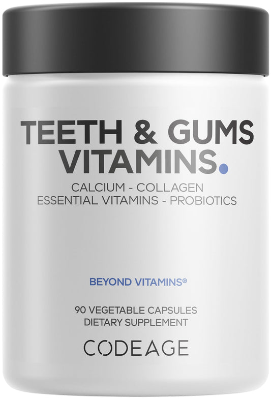 Codeage Teeth & Gums bottle shown for daily oral wellness support.