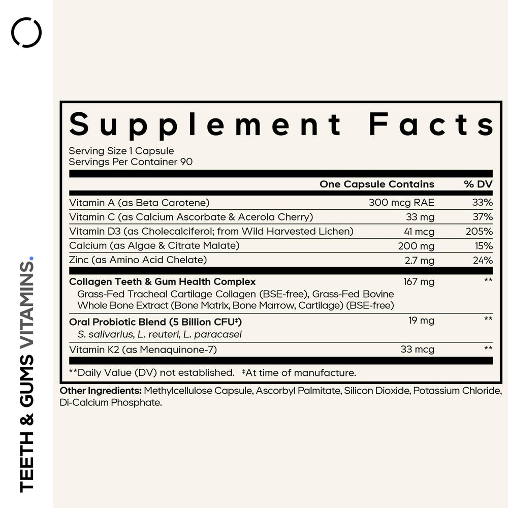 Codeage Teeth & Gums vitamins label closeup highlighting key vitamins.
