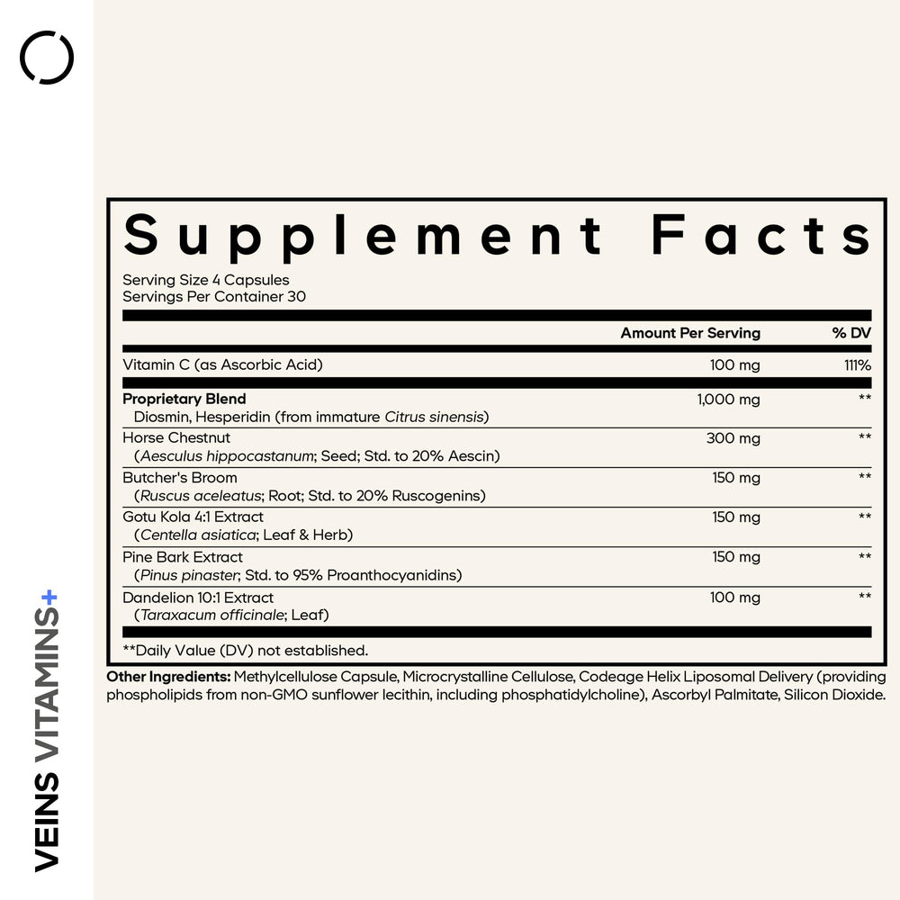 Codeage Veins Vitamins+ bottle displays Diosmin and Hesperidin ingredients.