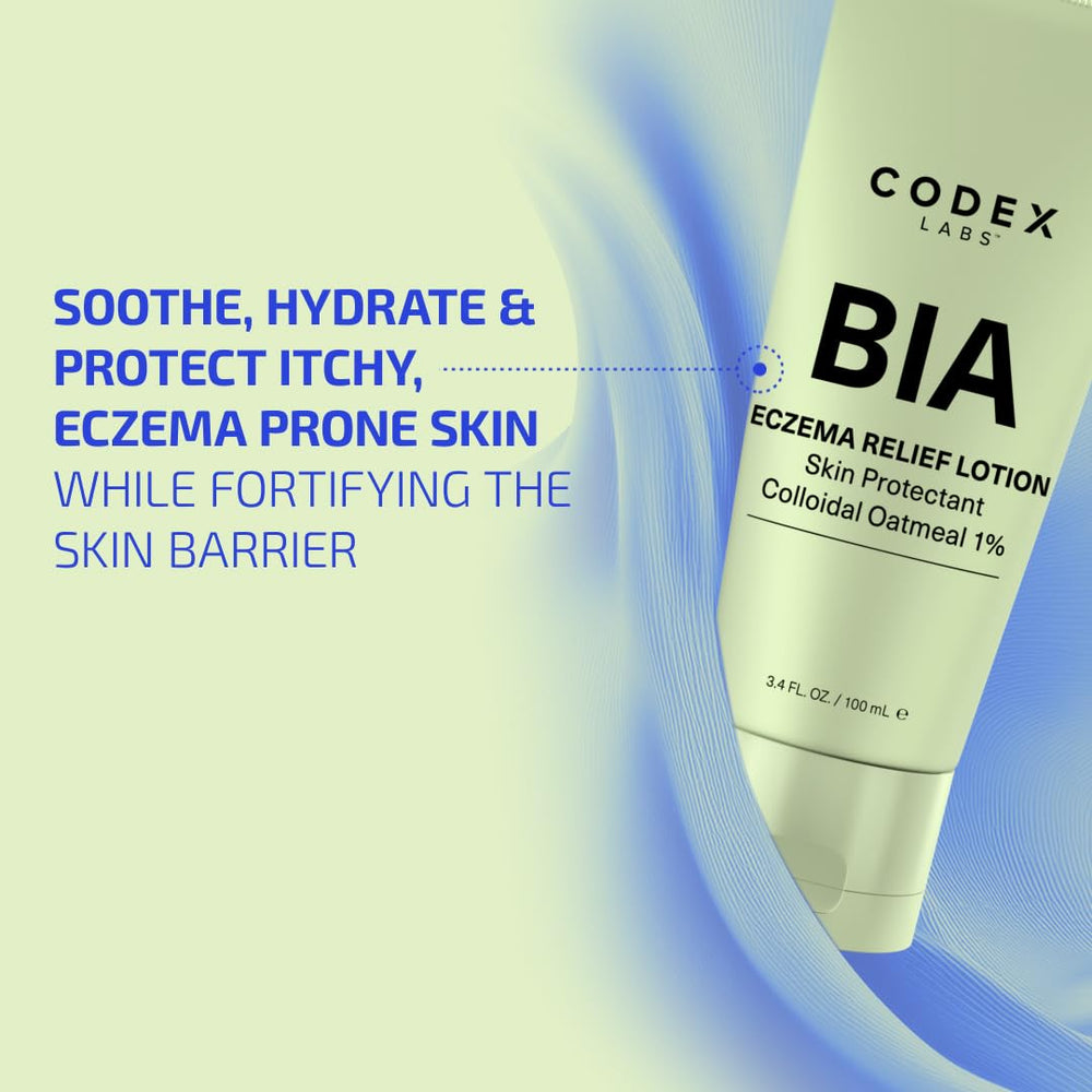 Codex Labs BIA Eczema Relief Lotion pump-dispense demonstrates fast-absorbing hydration for daily use