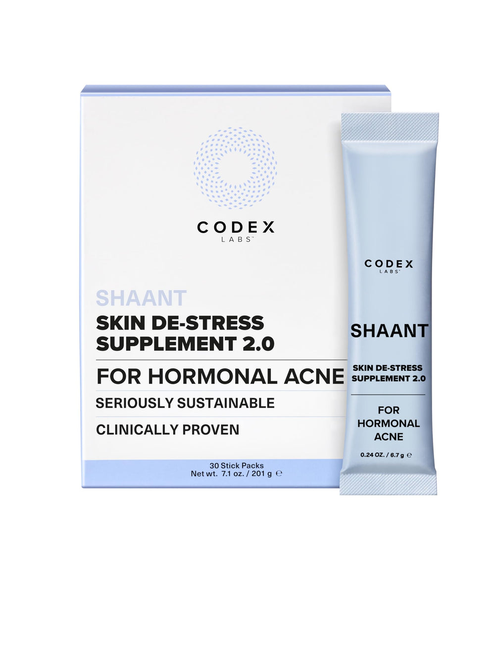 Codex Labs Shaant Skin bottle—premium design for hormonal acne support