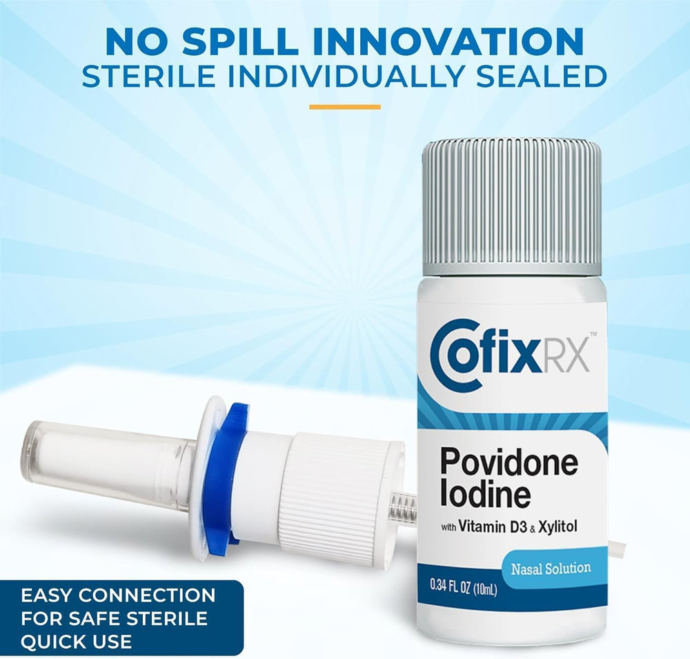 COFIXRX Nasal Cleanse with povidone iodine highlights key ingredient for cleansing nasal passages.