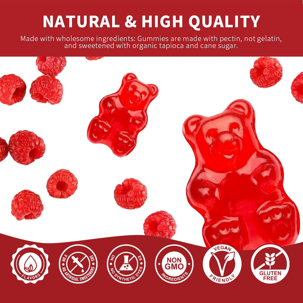 Cofure raspberry gummies on light background emphasizing pectin base and natural sweeteners.