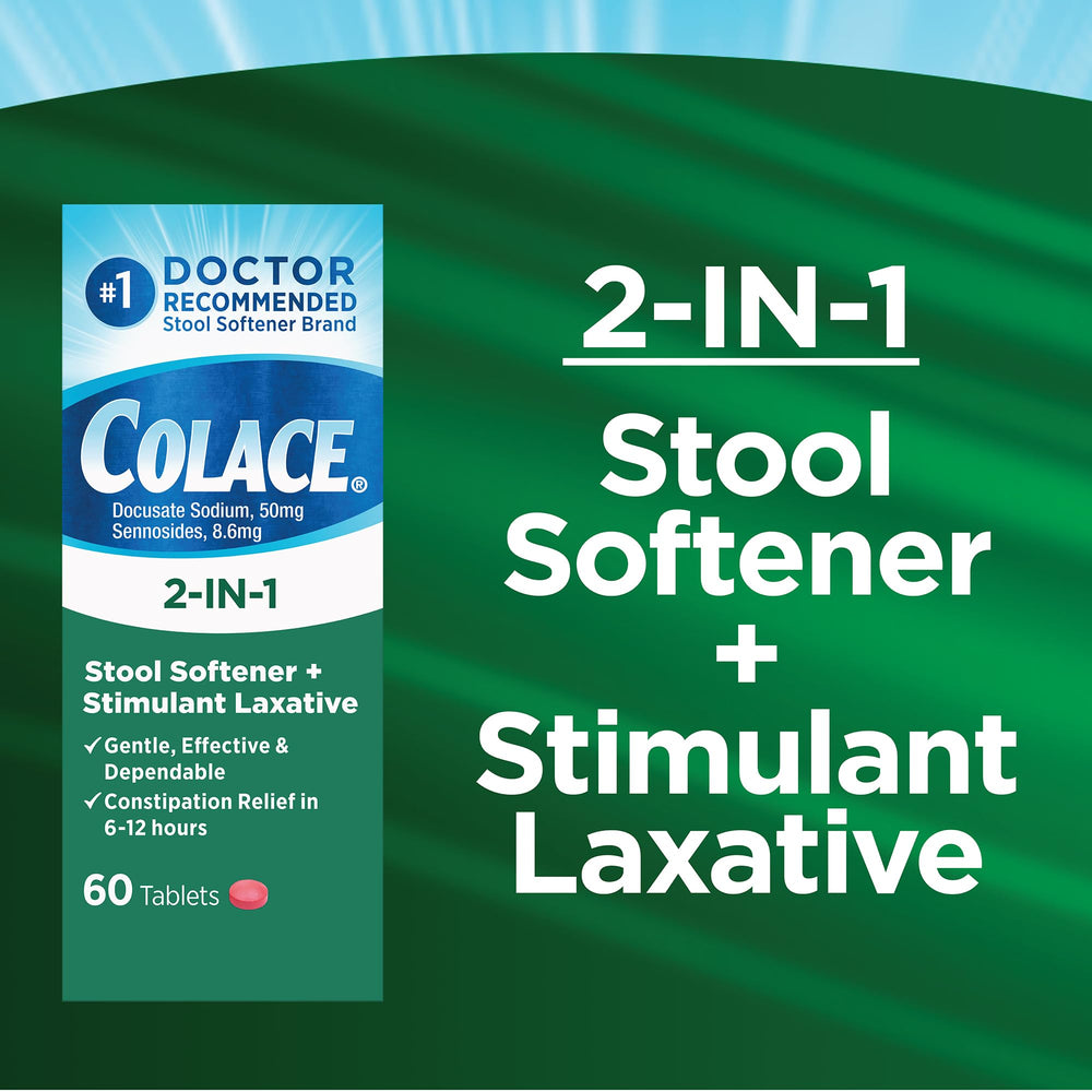Colace 2in1 tablets label emphasizes docusate sodium and senna ingredients.