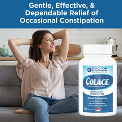 Colace bottle label detail emphasizing gentle constipation relief without cramping.