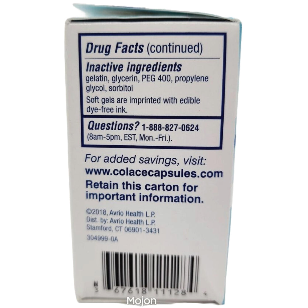 Colace Clear Docusate three-pack box staged for easy storage.