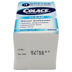 Colace Clear Docusate product on bathroom counter for routine use.