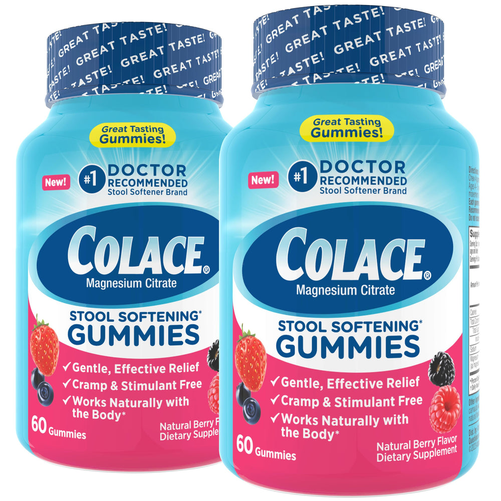 Colace Gummies bottle front with mixed berry flavor, suggesting gentle relief.