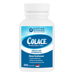 Colace Regular Strength bottle with capsules for gentle constipation relief.
