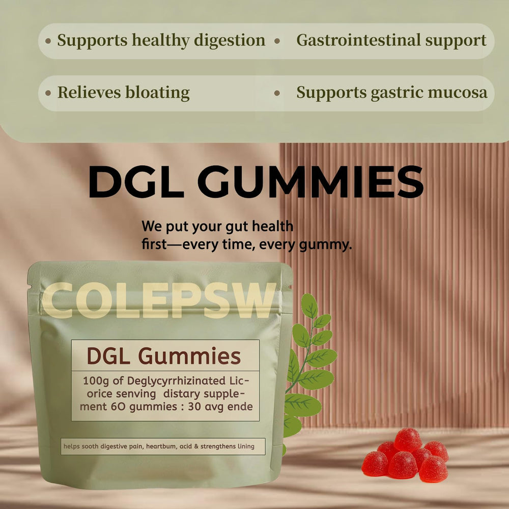 COLEPSW DGL Gummies berry flavor close-up highlights tasty digestion-friendly relief.