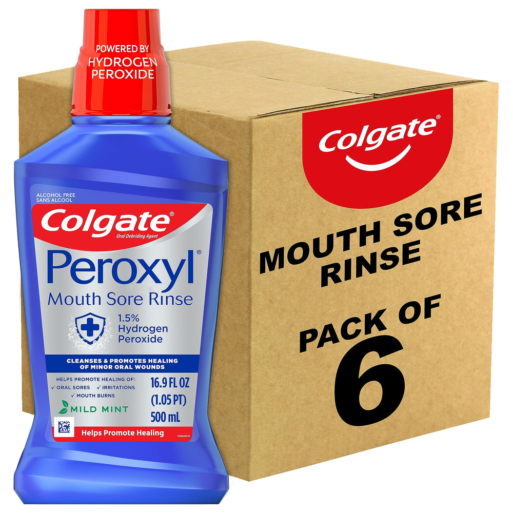 Colgate Peroxyl mouthwash bottle for minor oral irritations and gentle healing.