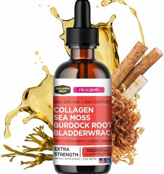Collagen Mojo liquid bottle with berry dropper for daily beauty support.