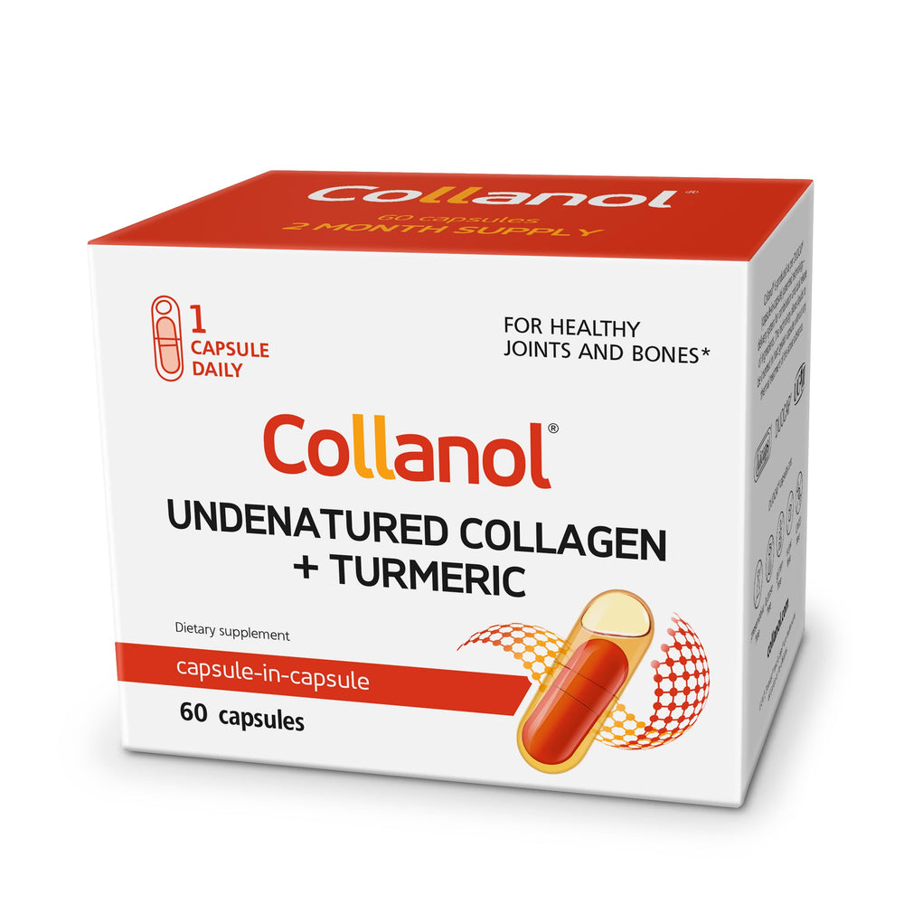 Collanol bottle closeup illustrating daily joint support formula