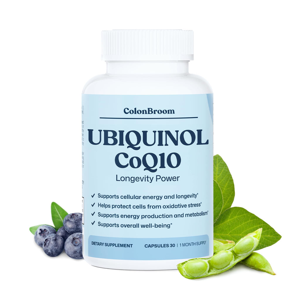 ColonBroom CoQ10 Ubiquinol bottle with 100 mg strength for daily cellular support.
