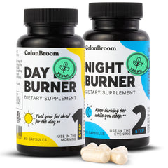 ColonBroom Day Burner bottle front showing caffeine-free energy support for daytime wellness.