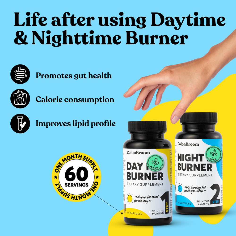 ColonBroom Day Burner capsules closeup highlighting vegan capsules and key ingredients.