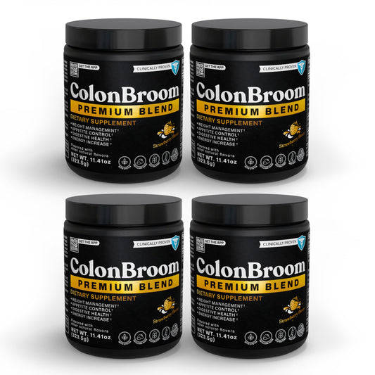 ColonBroom premium bottle with scoop ready for a strawberry weight-management drink.