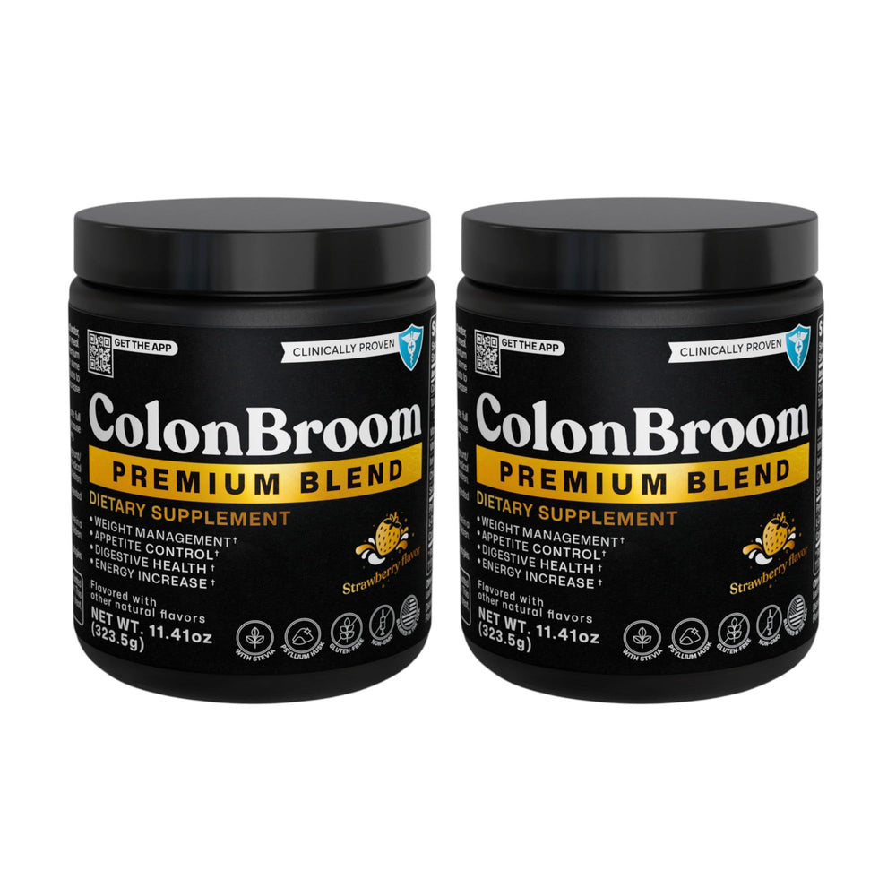 ColonBroom strawberry packaging highlights gluten-free, non-GMO formulation.