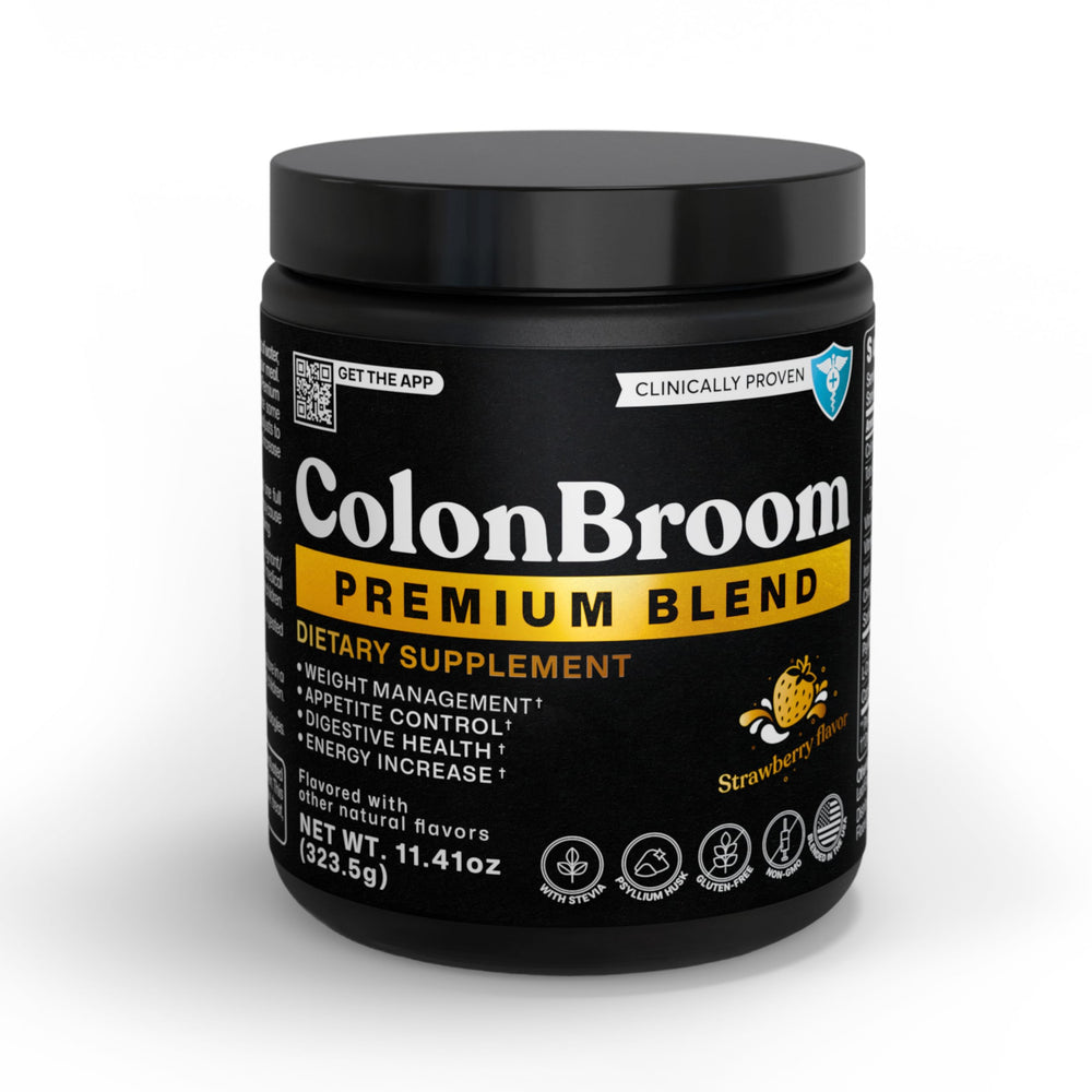ColonBroom strawberry powder bottle front view for daily digestion support.