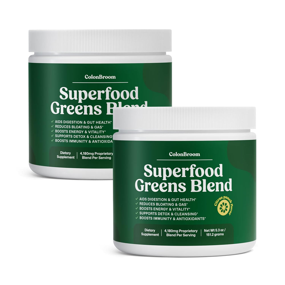 ColonBroom Superfood Greens Powder tub with label, supporting digestion and daily vitality.