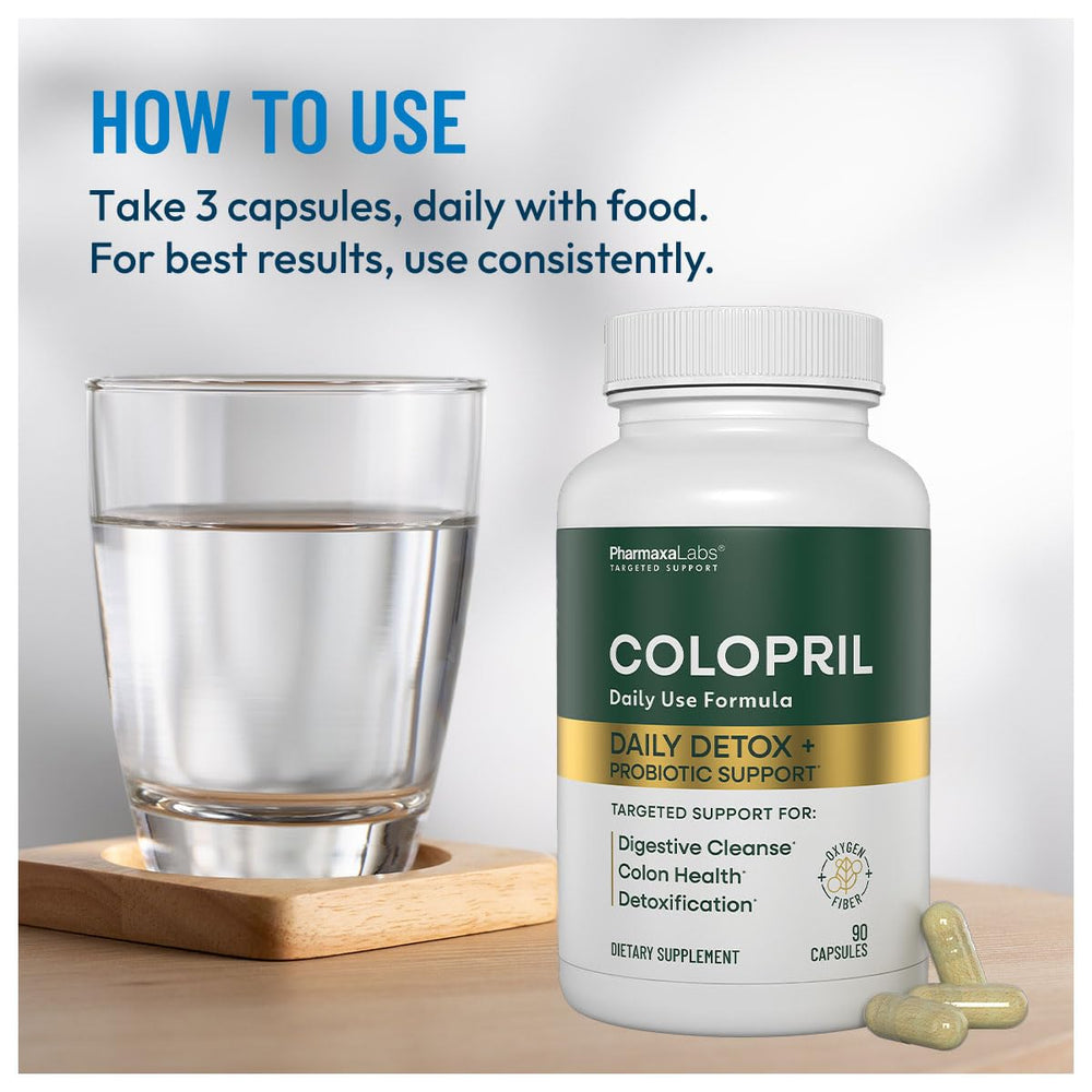 Colopril Colon Cleanse capsules closeup shows high-potency gluten-free capsules