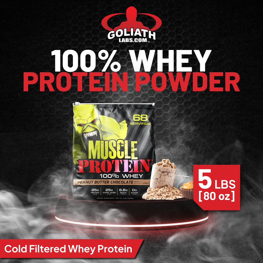 Close-up of COLOSSAL LABS 5 lb whey container label with 25 g protein