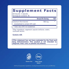 Colostrum IgG 40% concentration graphic illustrates potency for immune balance.