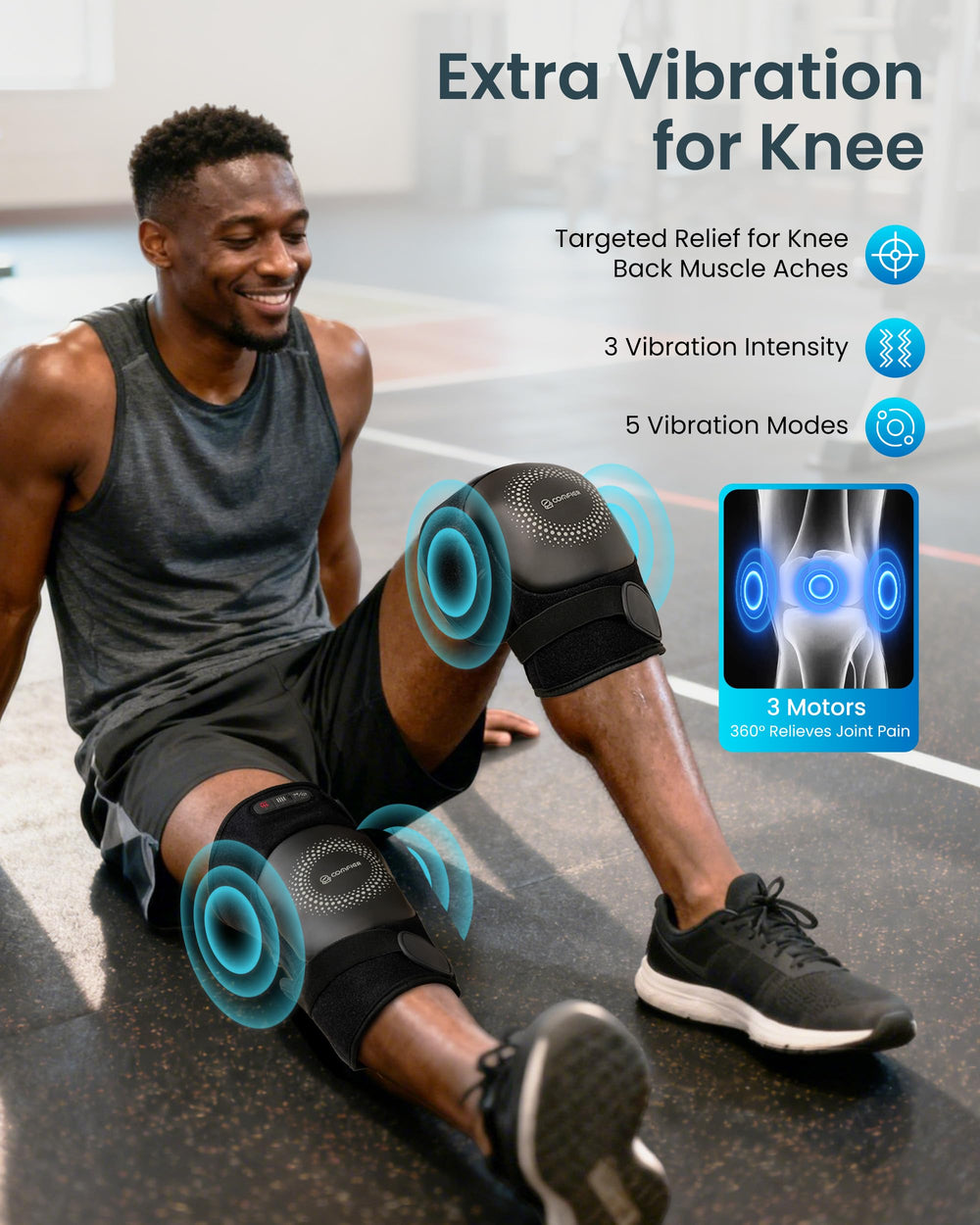 COMFIER knee massager showing 360° vibration system for full-coverage therapy