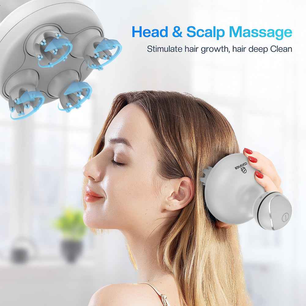 COMFIER head massager in hand shows portable, easy-to-use design for travel