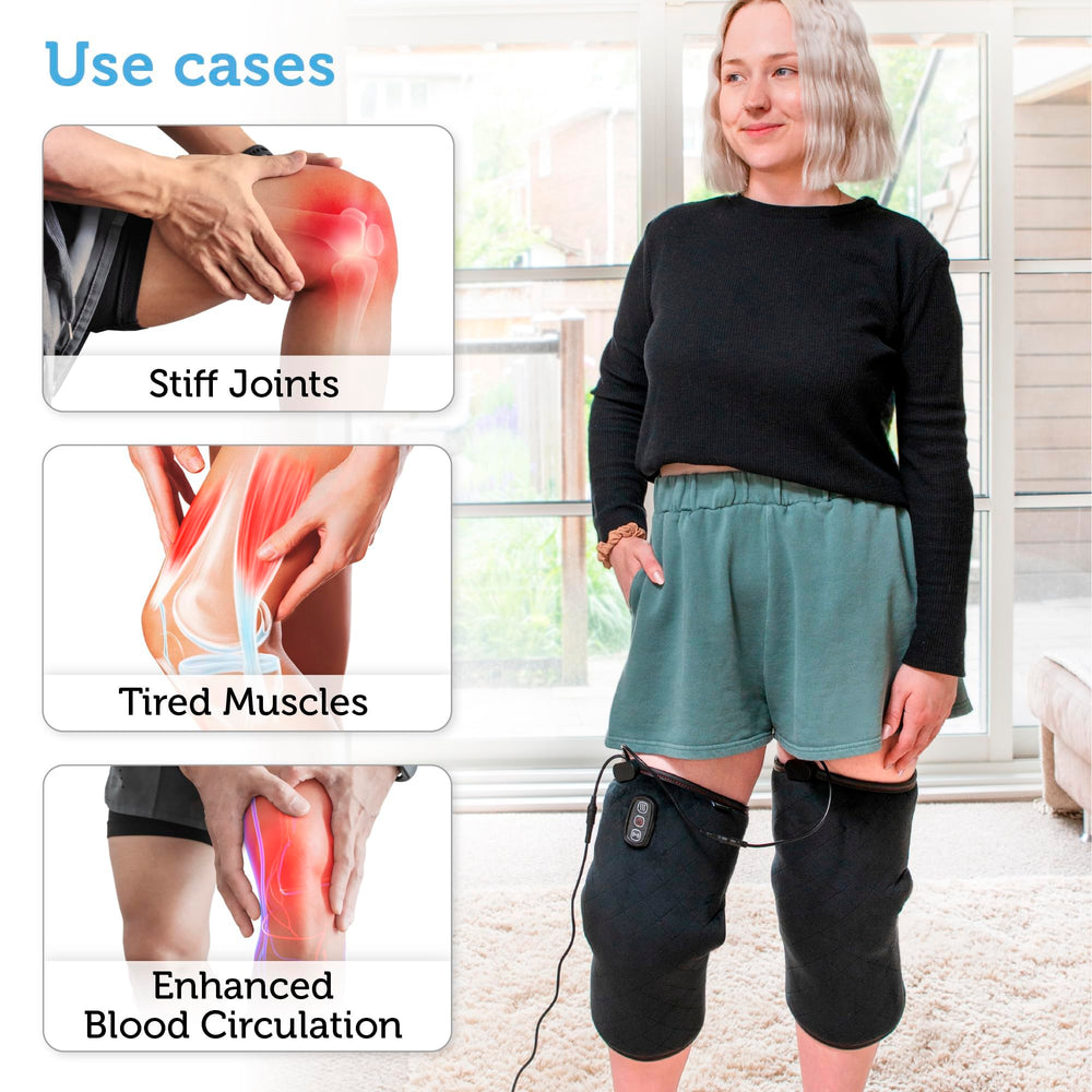 COMFIER knee massager in use on knee with warm sensation.
