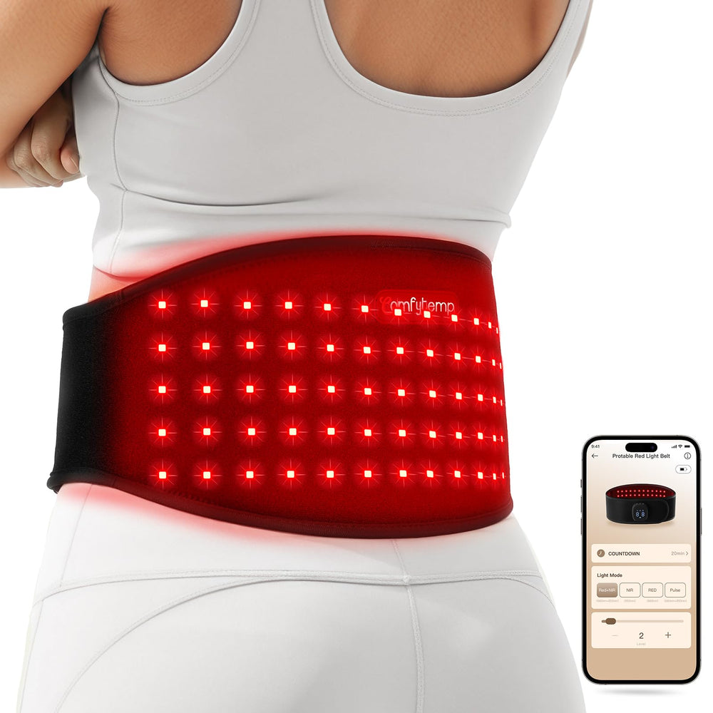 Comfytemp red light belt battery compartment front view for cordless power on the go.