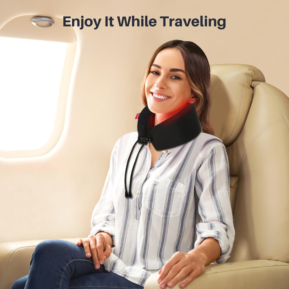 Comfytemp cordless neck wrap with rechargeable battery for travel use.